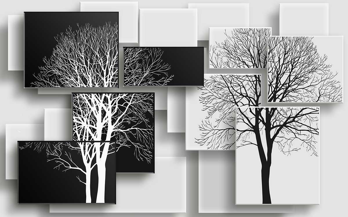 Tableau graphique arbres sur fonds noir et blanc - 80x50 cm, HEXOA