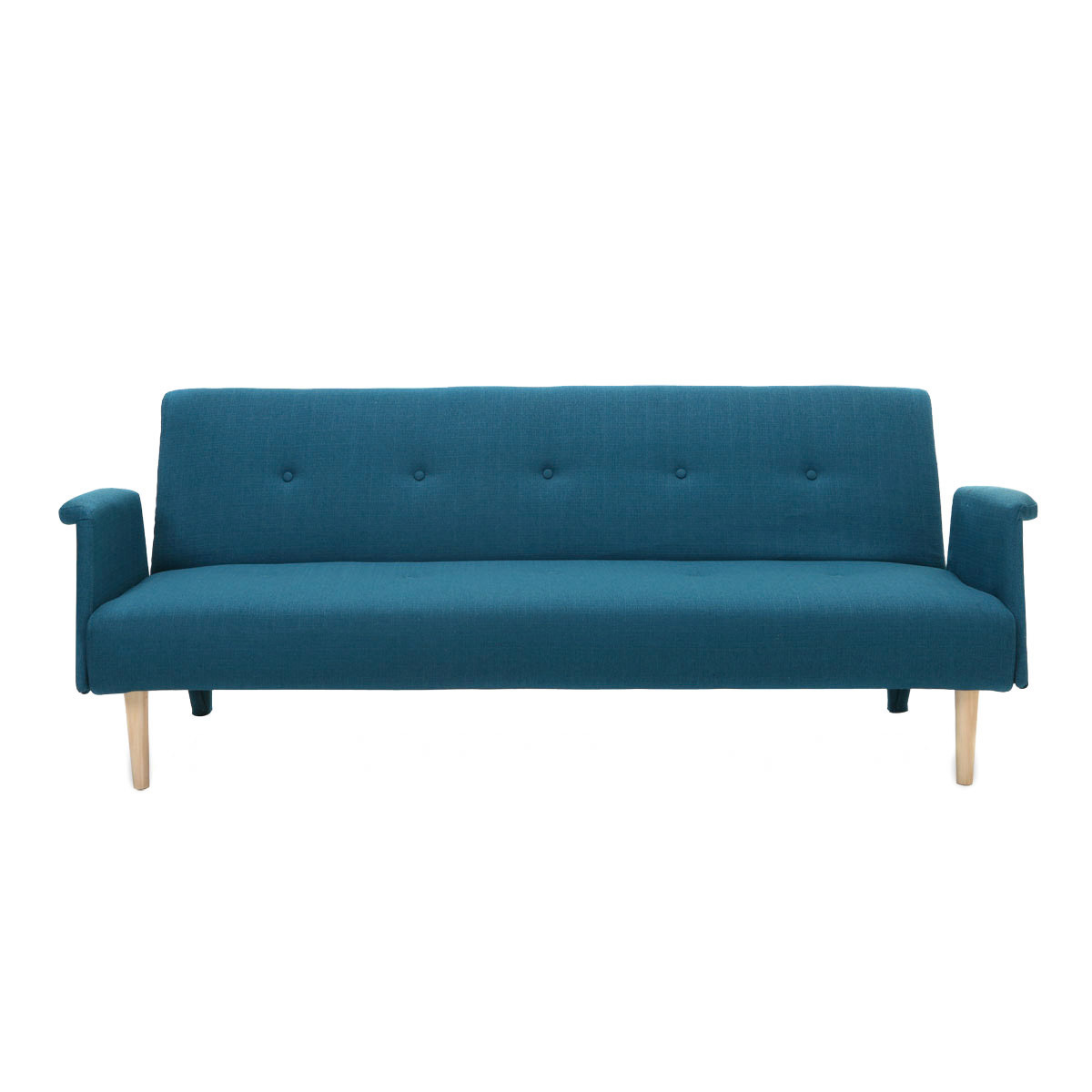 Canapé convertible scandinave 3 places en tissu bleu canard et bois clair OSCAR, MILIBOO