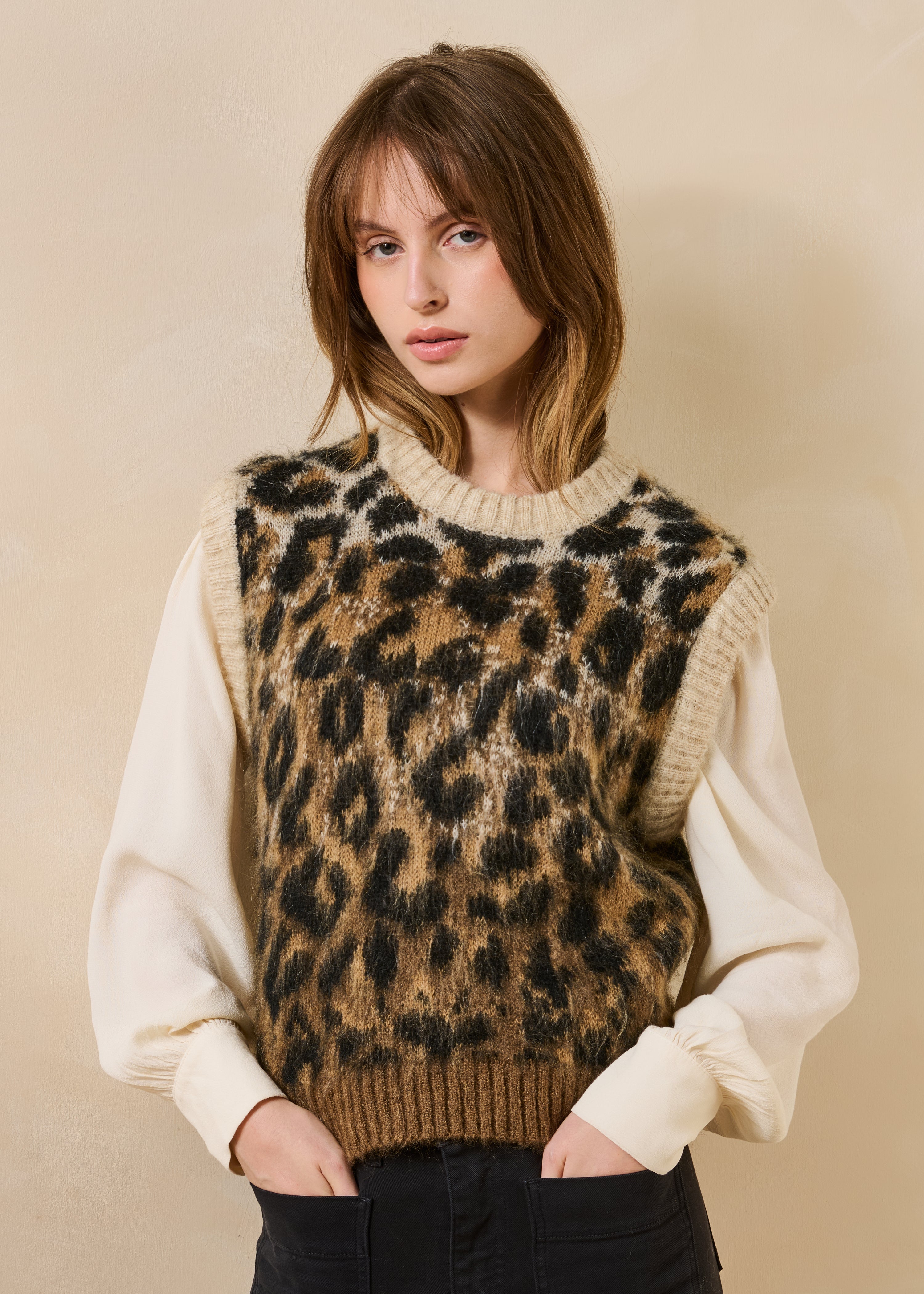 Pull sans manches jacquard motif animalier, LA FEE MARABOUTEE