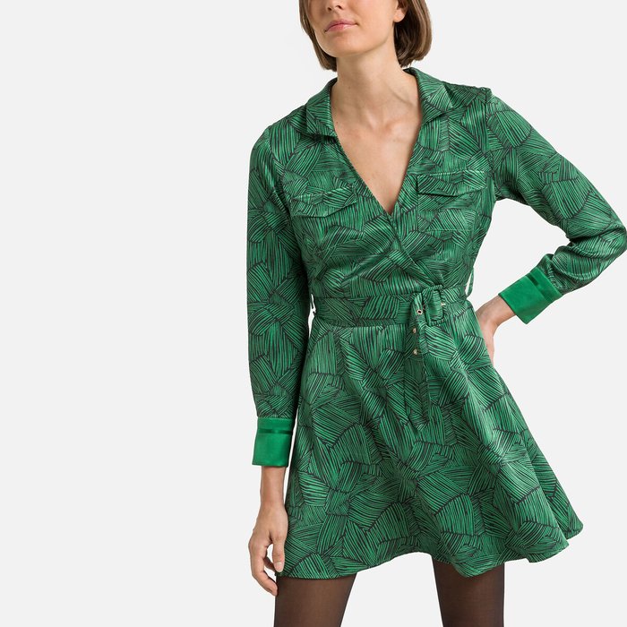 Vestido raso, cuello de pico, con verde Vila | La Redoute