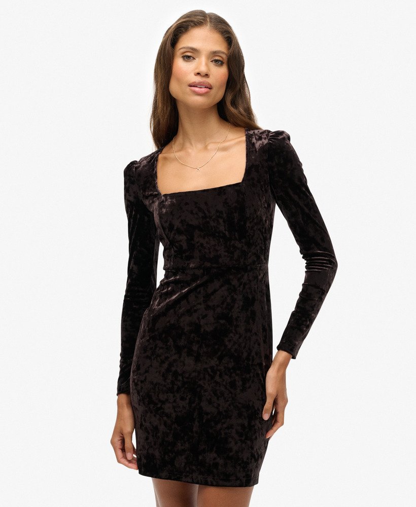 Robe courte en velours à encolure carrée, SUPERDRY