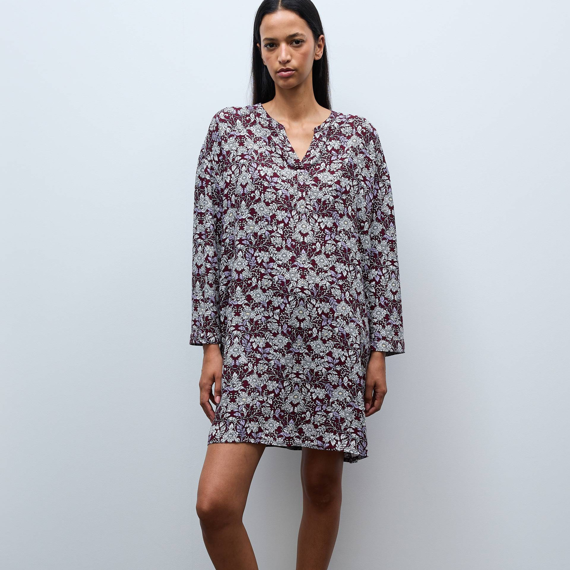 Chemise de nuit en viscose imprimée à manches langues, MONOPRIX