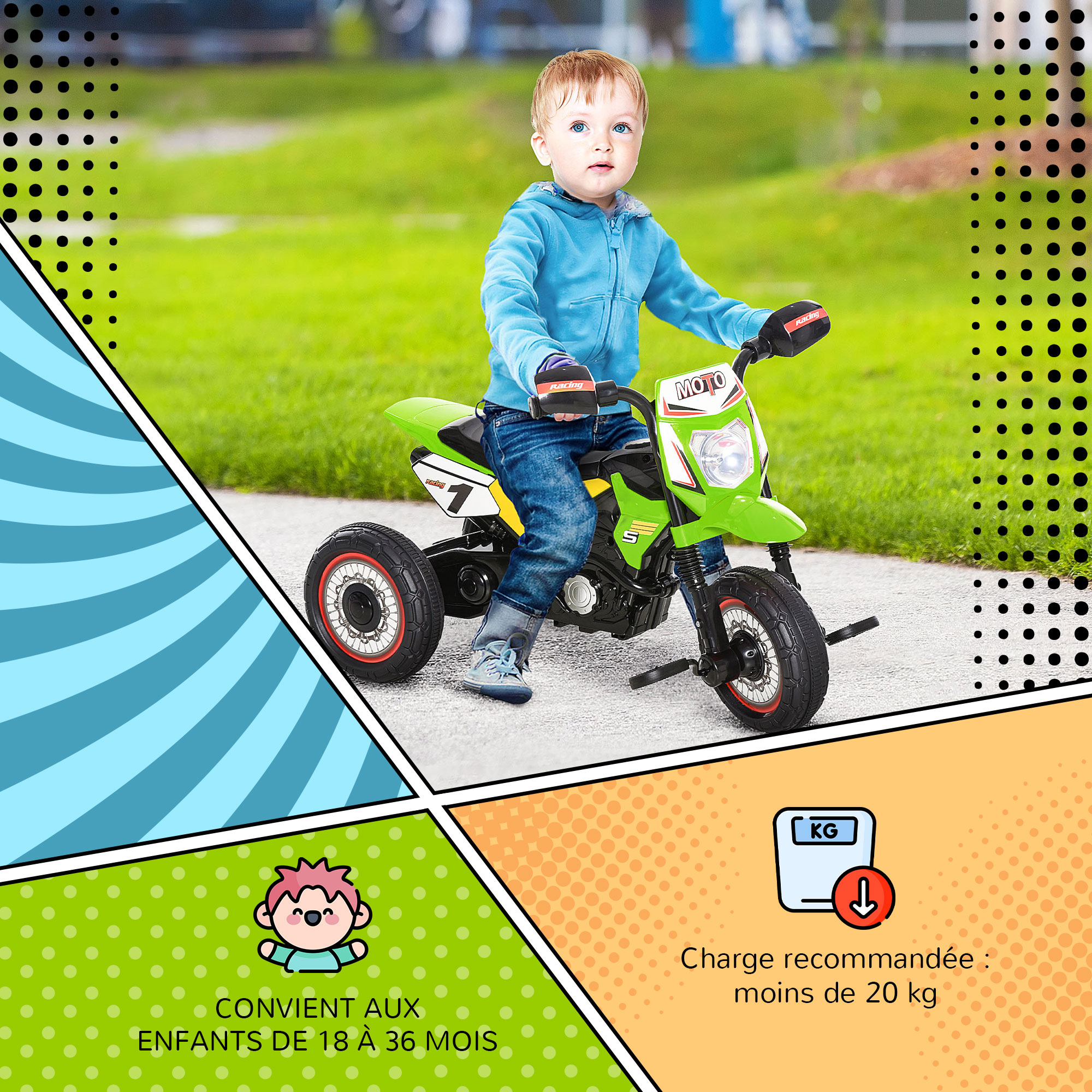 Tricycle Moto Cross HOMCOM - Enfant 18-36 Mois - Effets Lumineux/musicaux - Rouge - 20 Kg Max