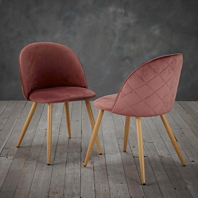Set of 2 Velvet Touch Dining Chairs with Wooden Effect Legs, pink, SO'HOME