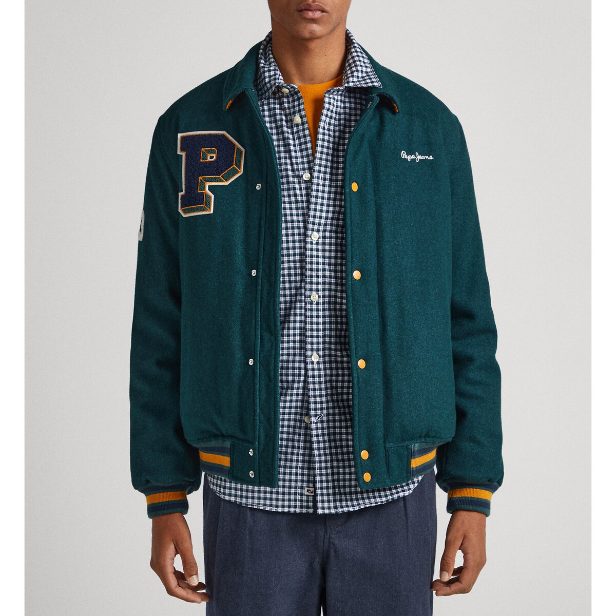 Image of Collared Varsity Jacket in Wool Mix