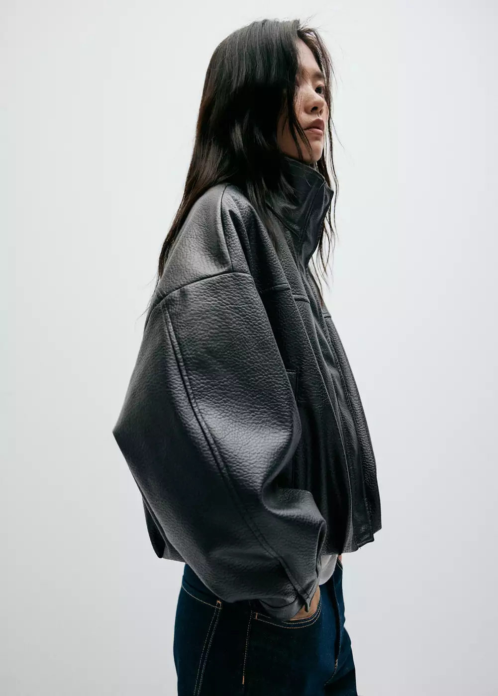 Veste simili-cuir col cheminée, MANGO