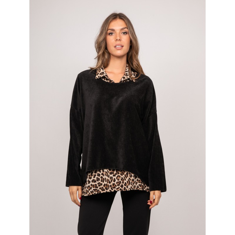 Pull 2 En 1 Effet Superposé Col Chemise Léopard Keva, DONA LISA