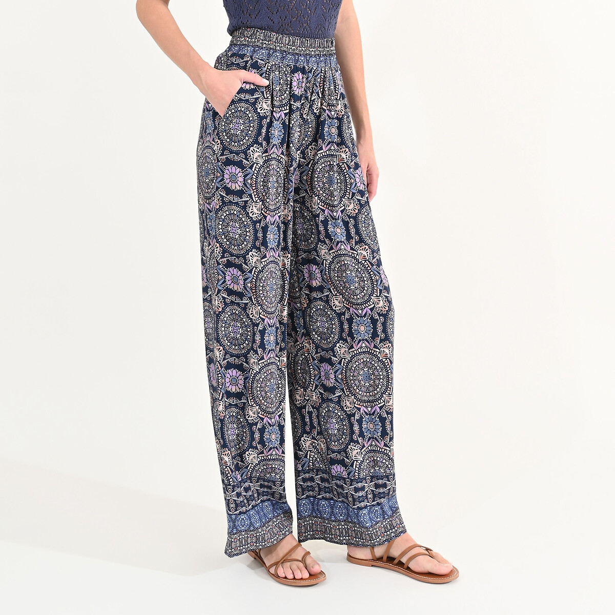 Printed wide leg trousers with high waist, blue, Molly Bracken | La Redoute