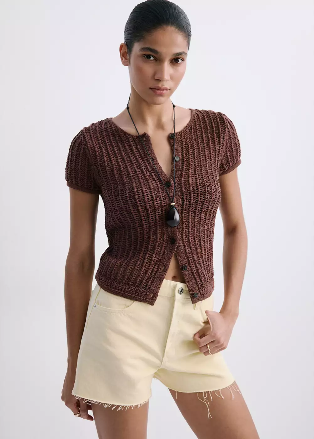 Short en jean revers effilochés, MANGO
