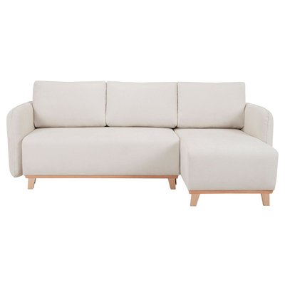 Canapé d'angle conible et réversible 3-4 places en tissu effet velours texturé  et bois clair ROMANE MILIBOO