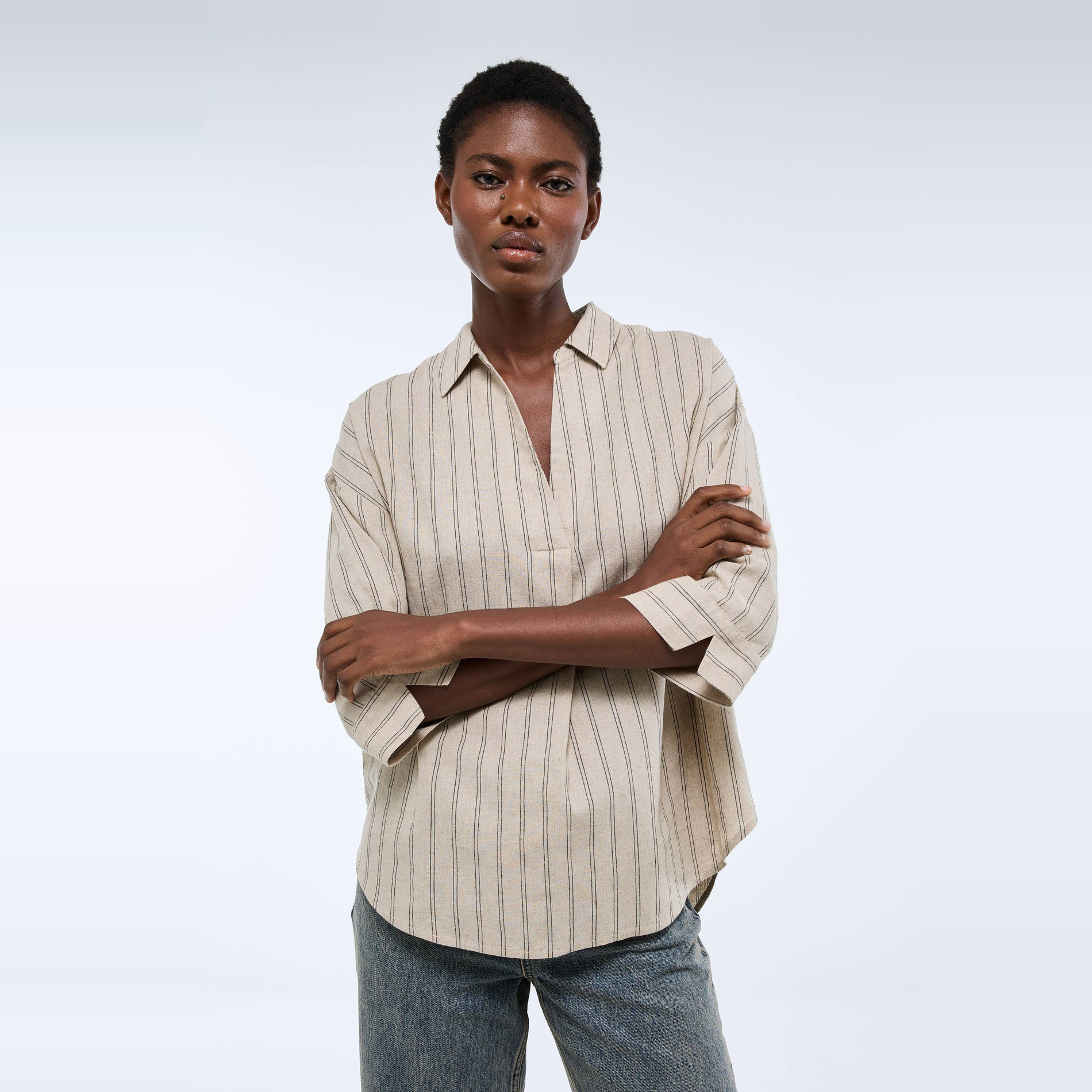Blouse manches trois quarts rayée en lin coton, MONOPRIX