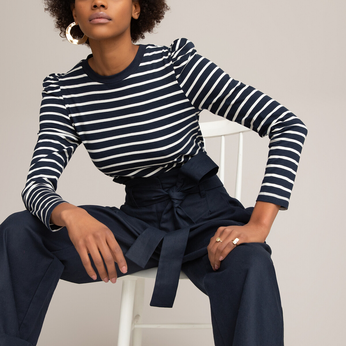 Organic cotton breton striped t-shirt with crew neck and puff