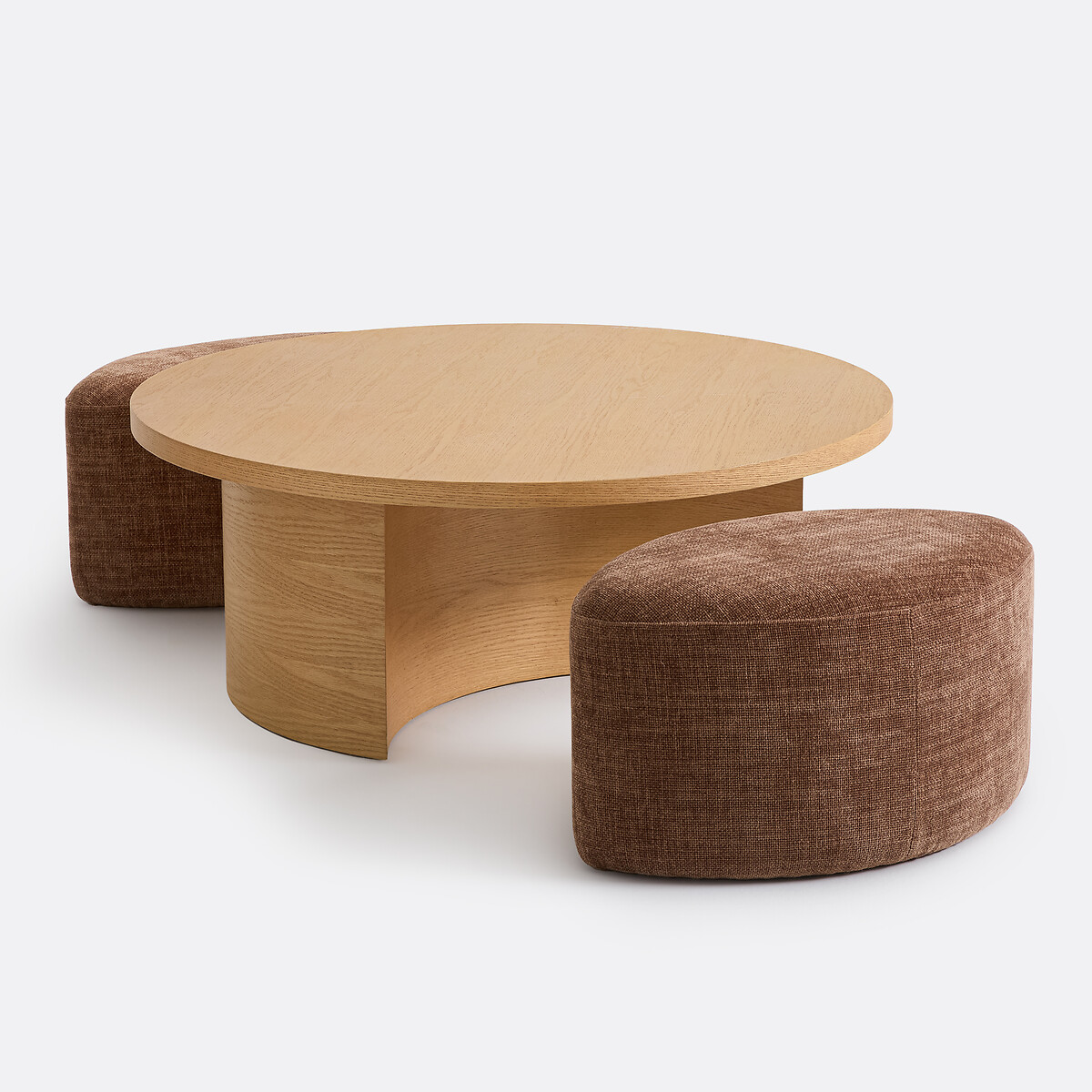 Table basse ronde en placage chêne, et ses 2 poufs, JEN, LA REDOUTE INTERIEURS