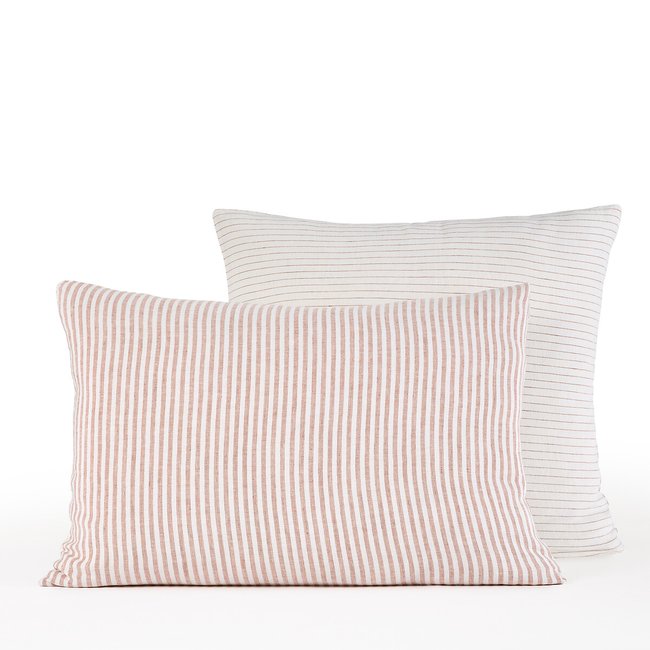 Deutzia Striped Dyed Woven 100% Washed Linen Pillowcase, off white/cinnamon, AM.PM
