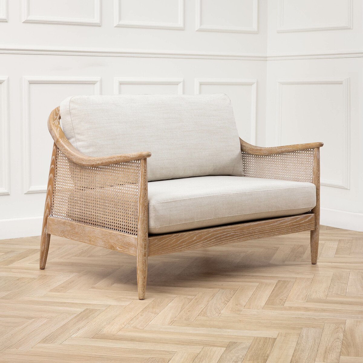 Remi Curve Rattan Linen Accent Sofa, VOYAGE MAISON