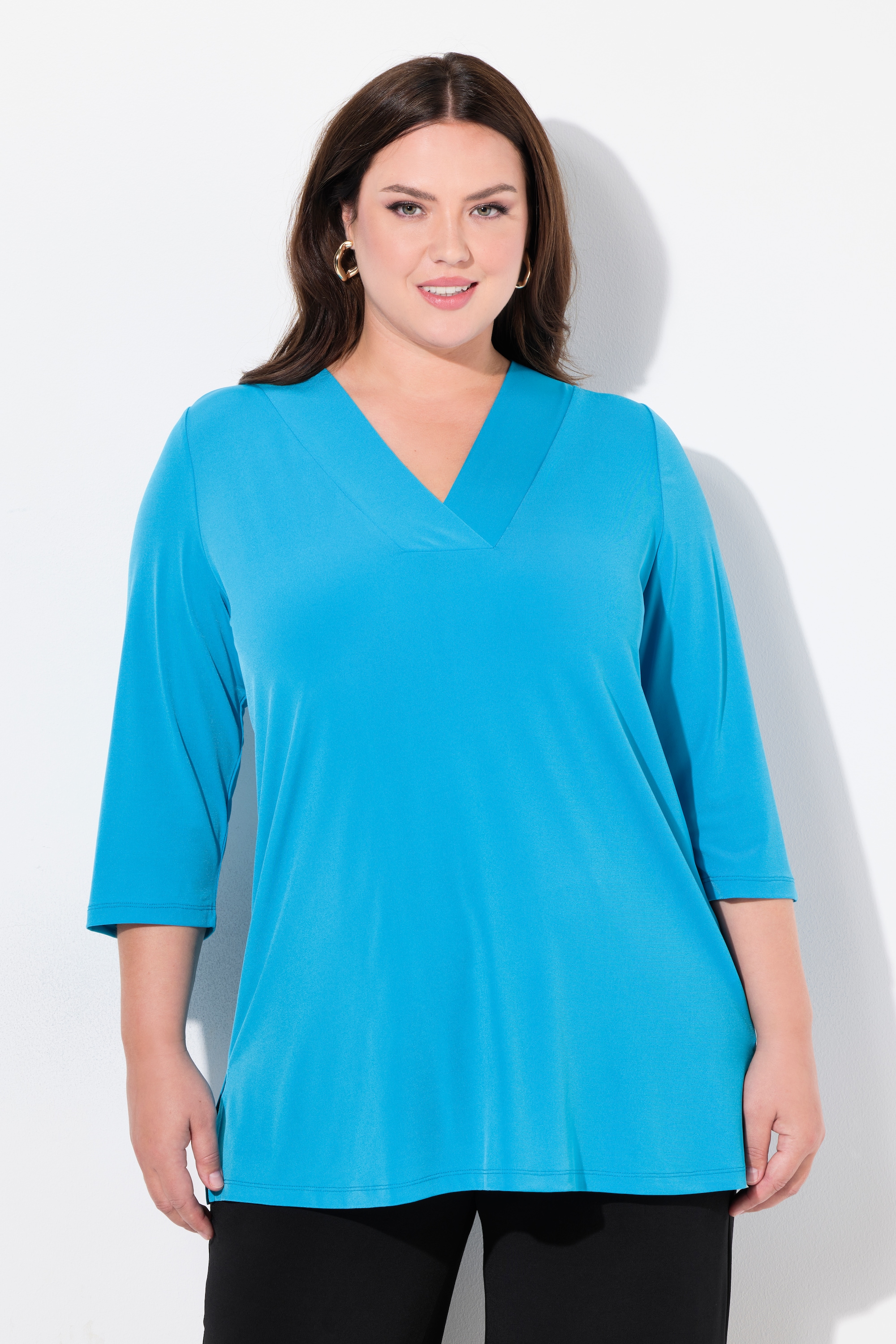 T-shirt long, décolleté en V et manches 3/4, ULLA POPKEN