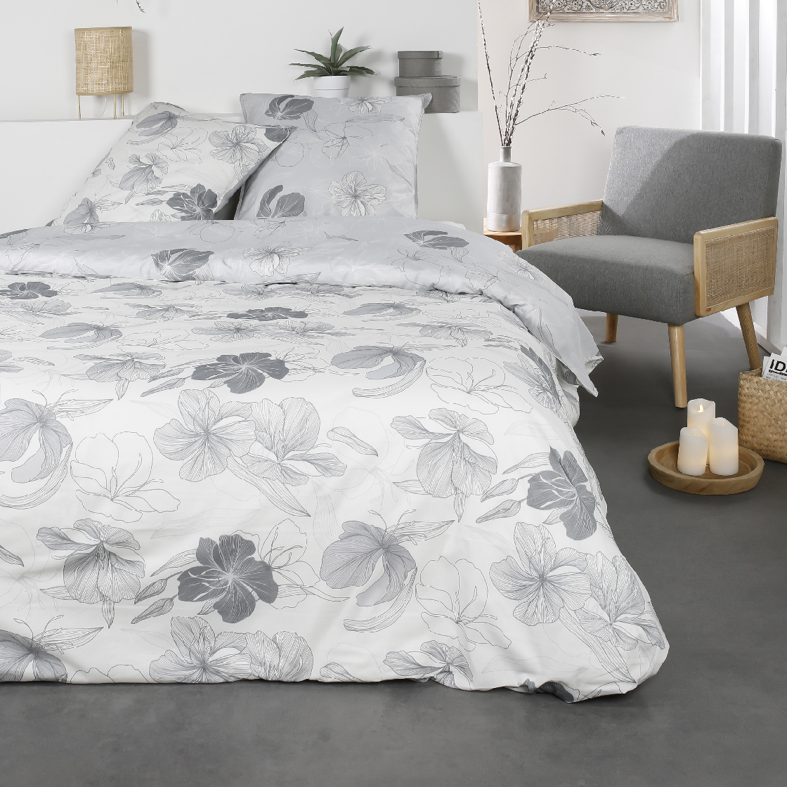 Parure de lit 2 personnes imprimé floral coton SUNSHINE SWAN, TODAY