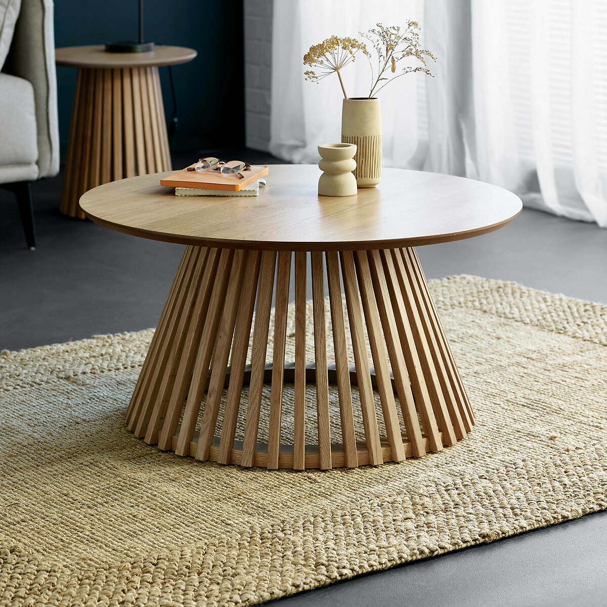 Osric Round Natural Oak Slatted Coffee Table, SO'HOME