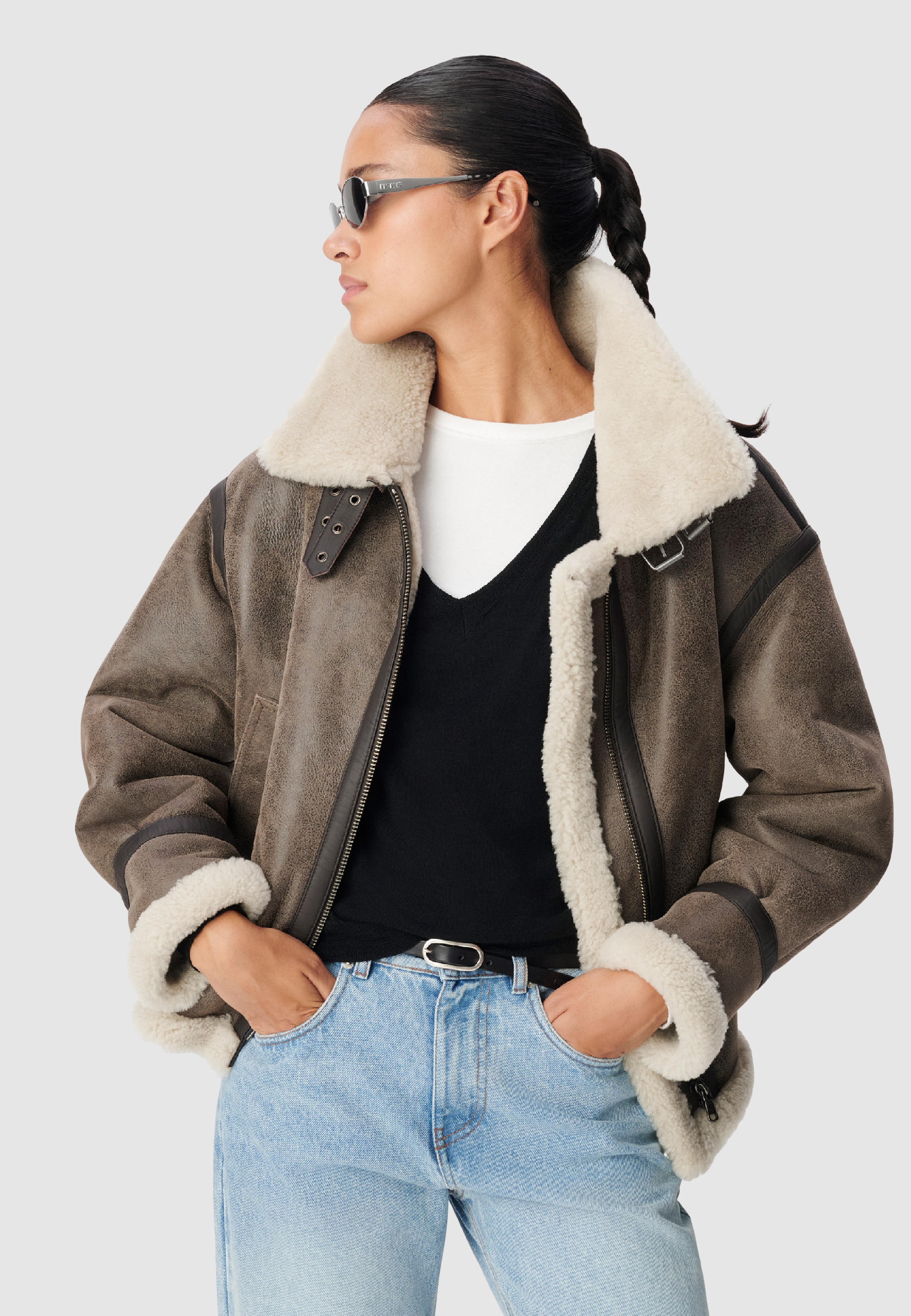 Blouson en cuir d'agneau peau retournée, IKKS