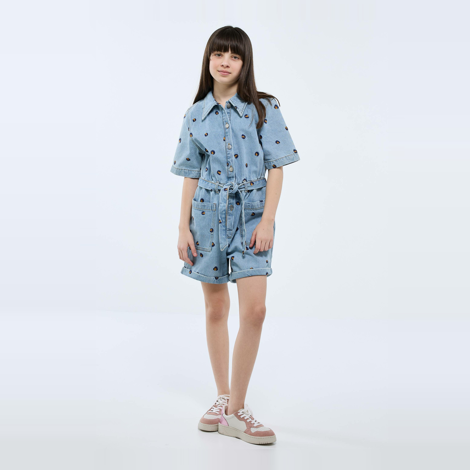 Combishort brodée en jean, MONOPRIX