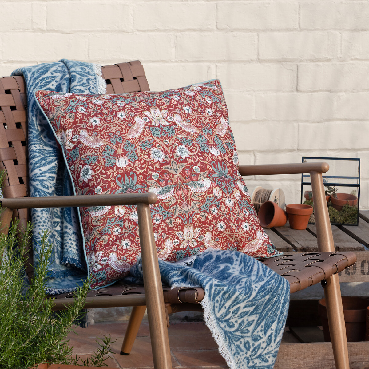Strawberry Thief Piped Indoor/Outdoor Cushion, MORRIS & CO.