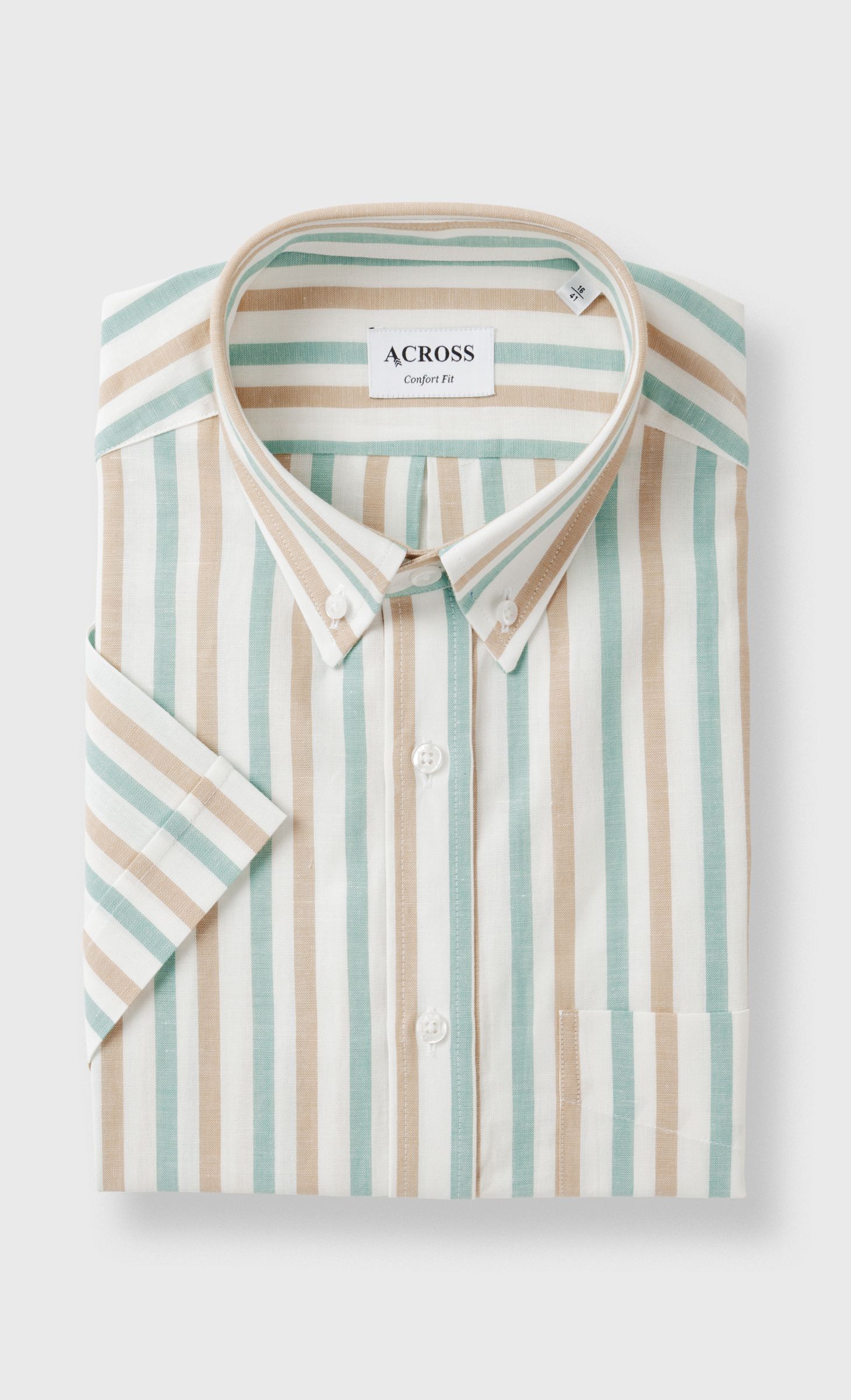 Chemise Confort fit manches courtes en coton lin à rayures vert, ACROSS