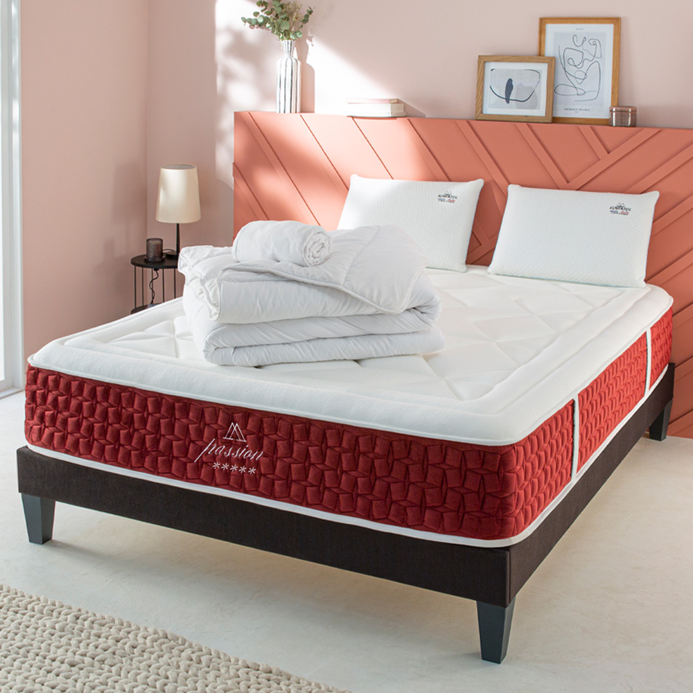 Ensemble Matelas+sommier Ressorts PASSION + accessoires - 32 cm d'épaisseur - Accueil moelleux, soutien ferme, MAISON AUBERTIN