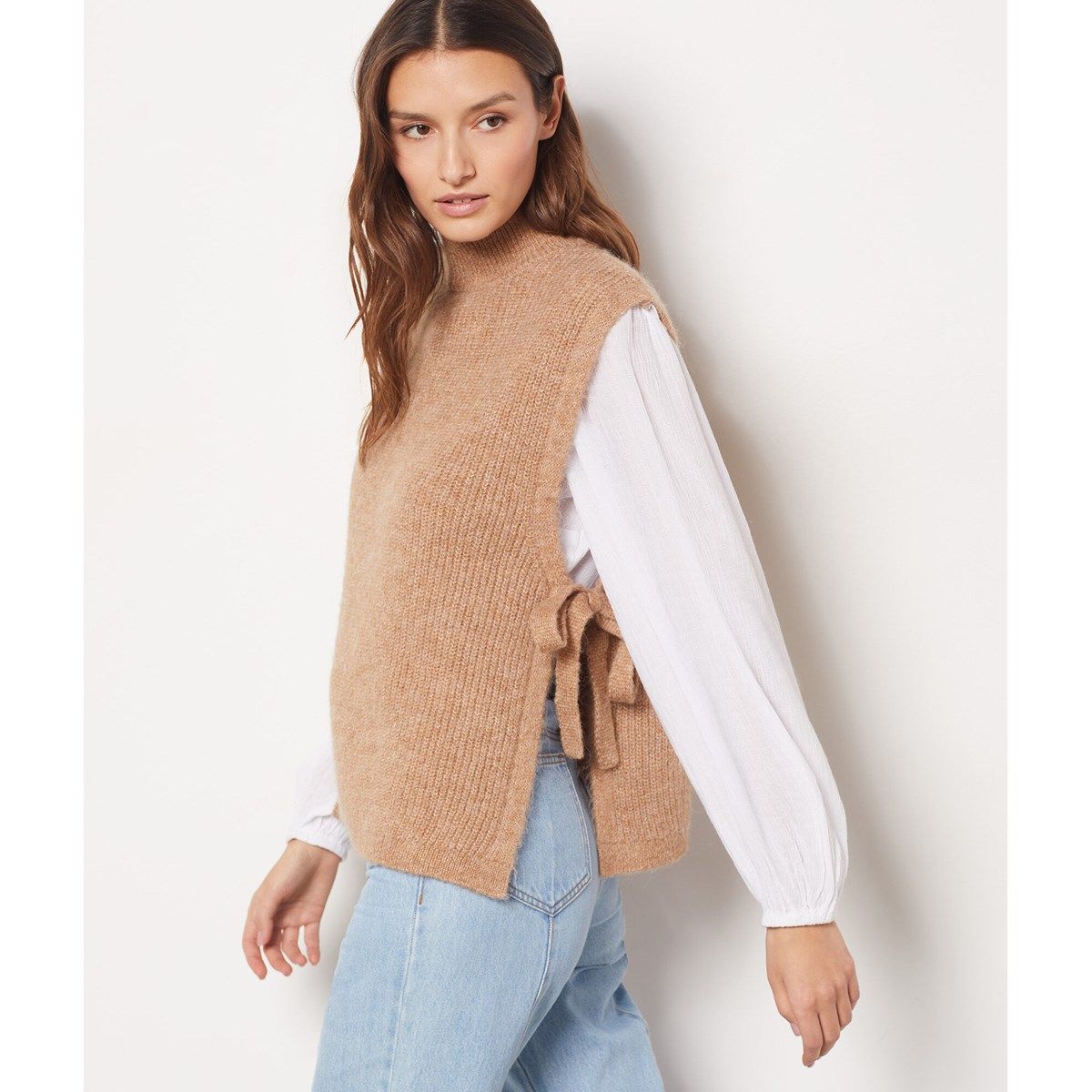 Pull col store roulé moutarde femme