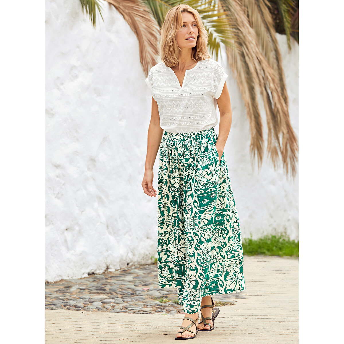 Floral full maxi skirt green print Anne Weyburn La Redoute