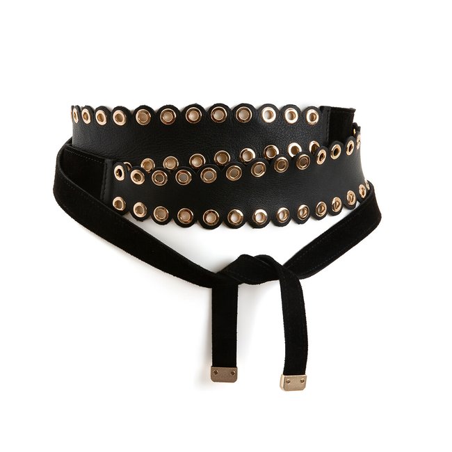 Leather Wide Eyelet Belt, black, LA REDOUTE COLLECTIONS
