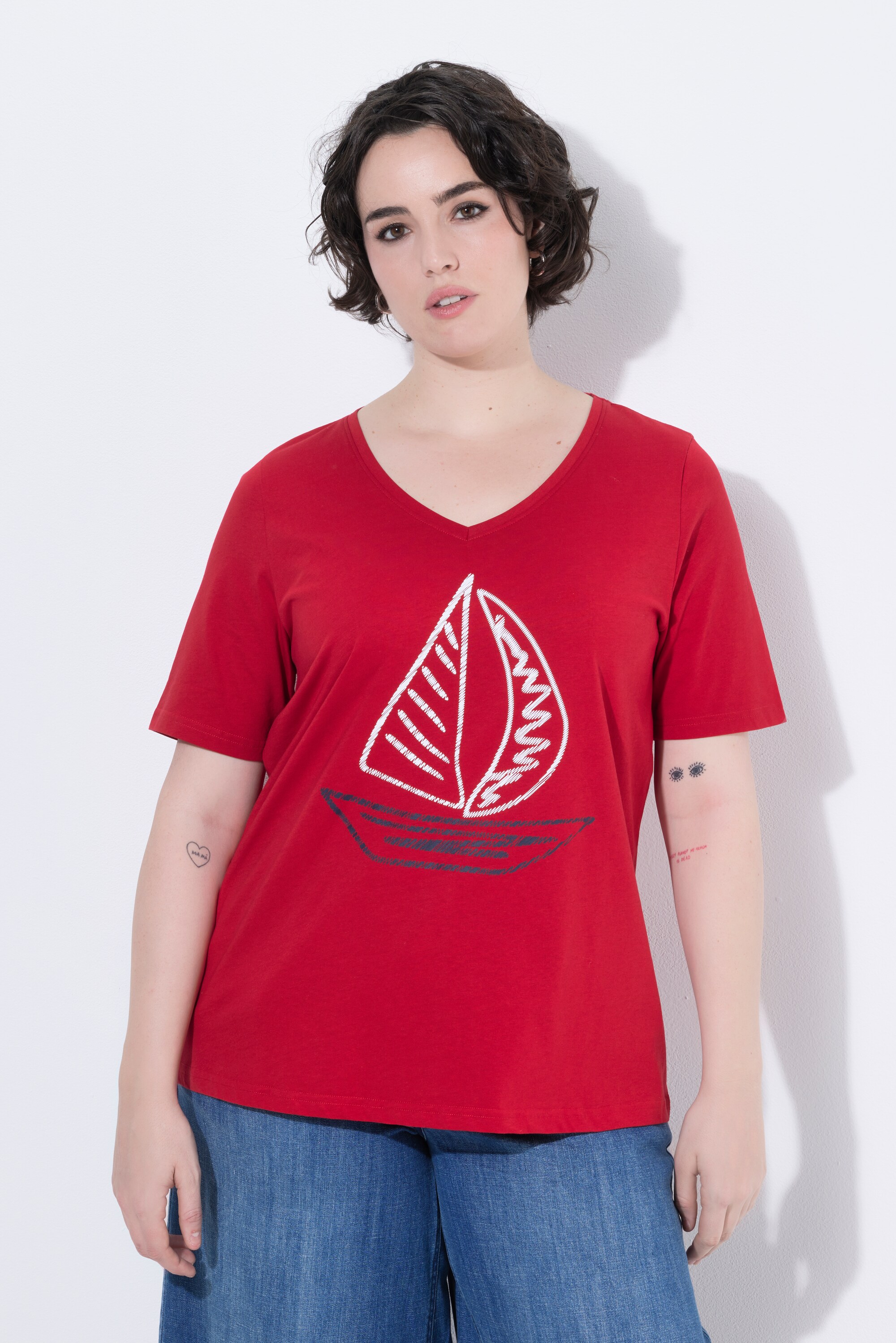 T-shirt, col V, manches courtes, motif bateau, ULLA POPKEN