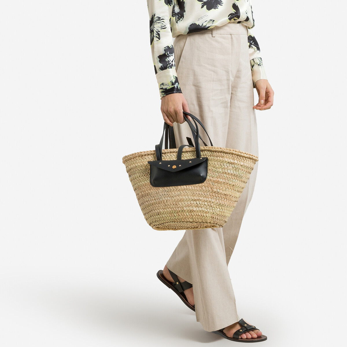 Raffia leather basket bag black Craie Studio La Redoute