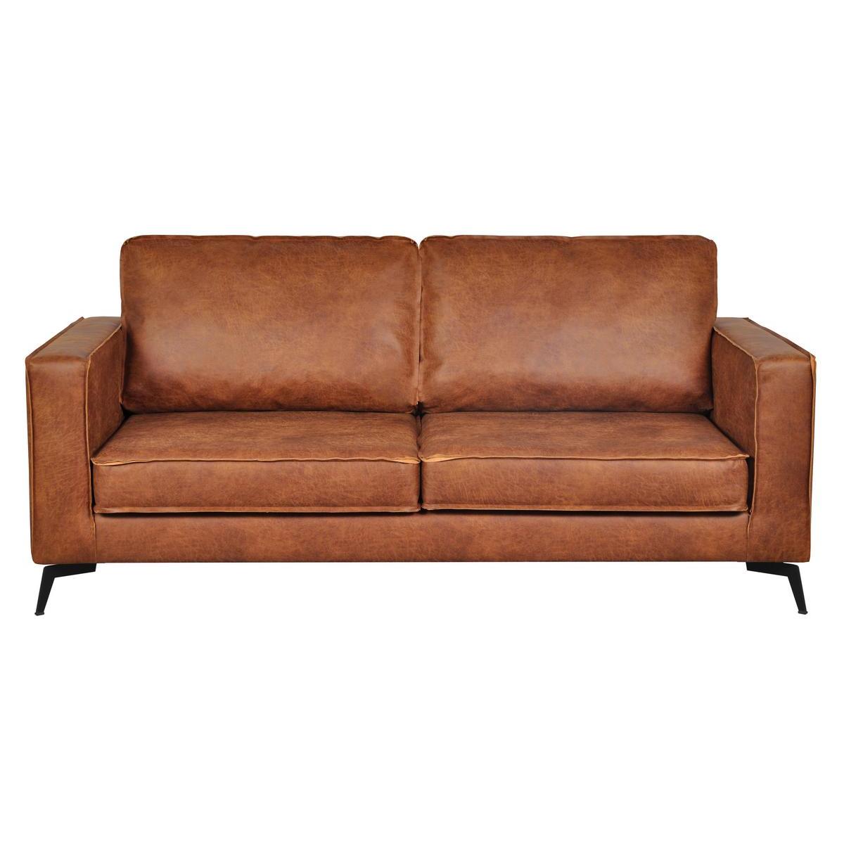 Canapé vintage 3 places cuir marron cognac aspect vieilli et métal noir SONNY, MILIBOO