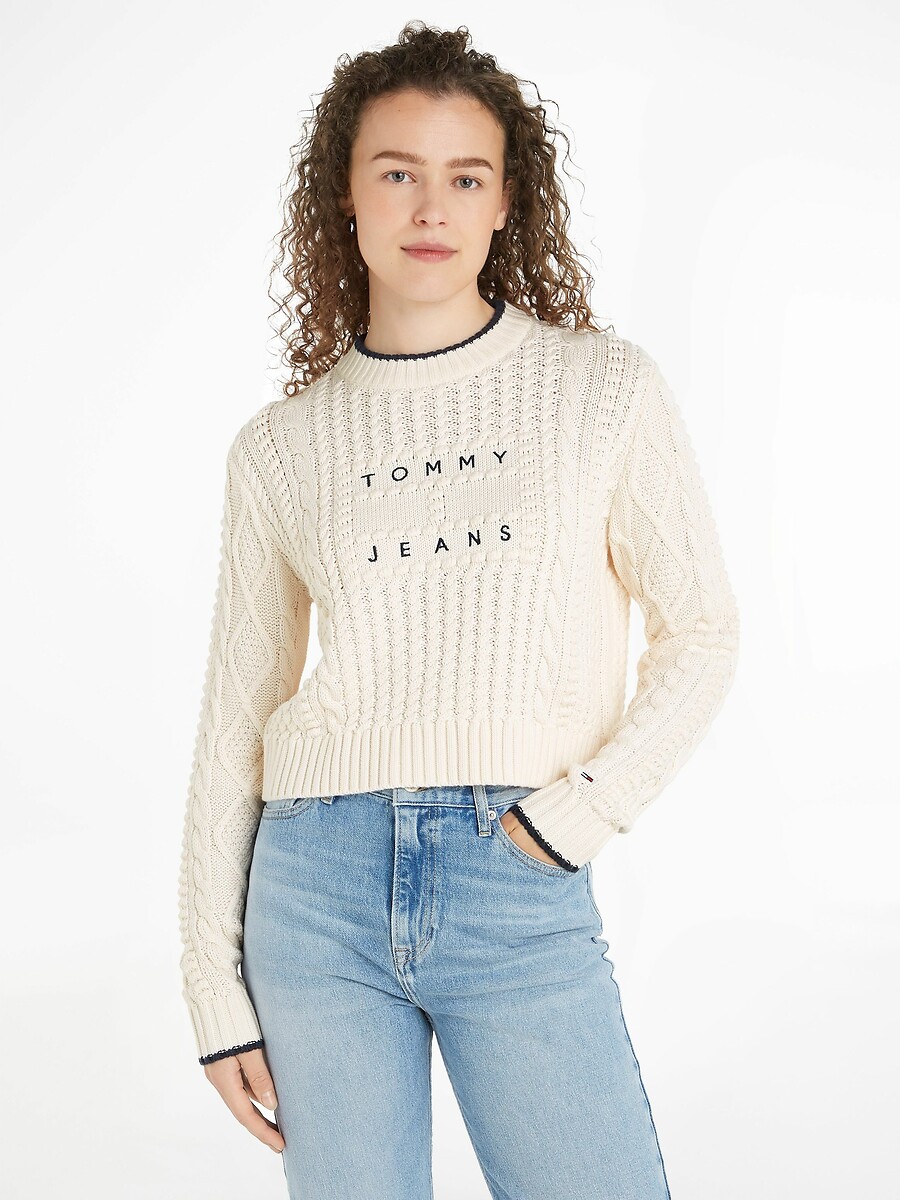 Cable Knit Cropped Jumper in Cotton Mix, TOMMY JEANS