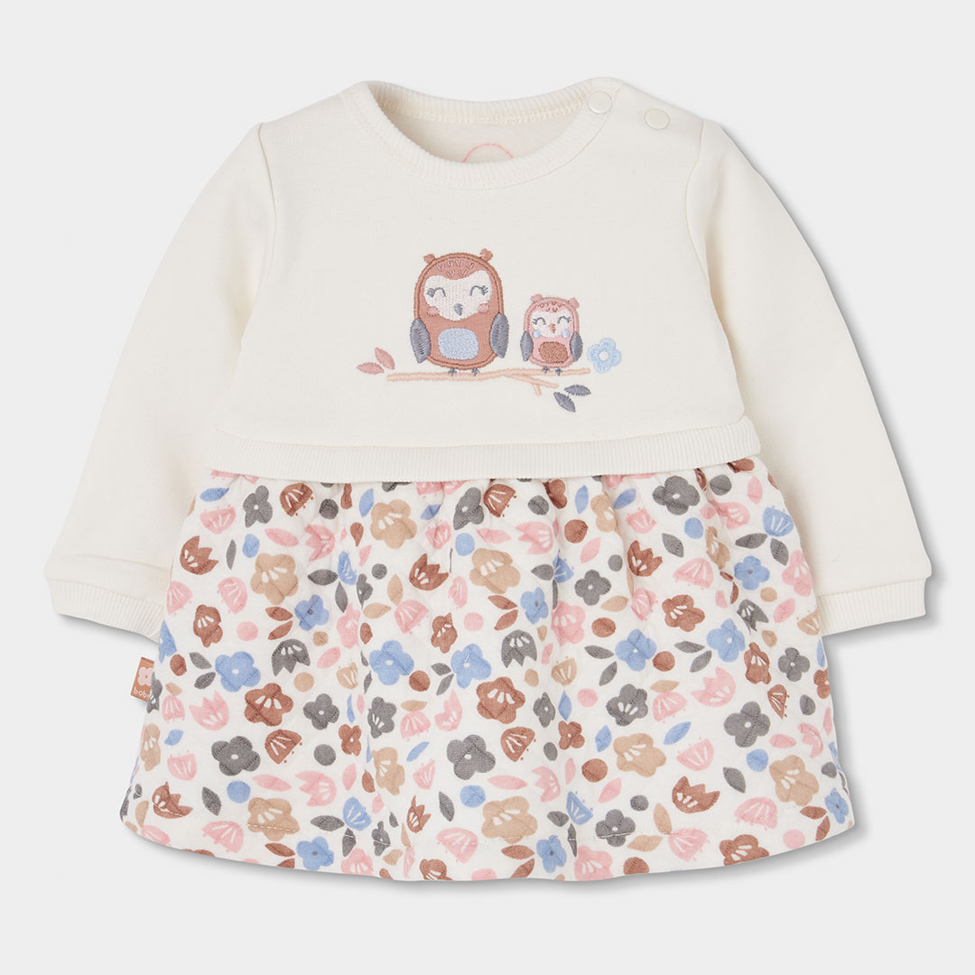 Robe bébé en maille fleurs brodées hiboux, BOBOLI