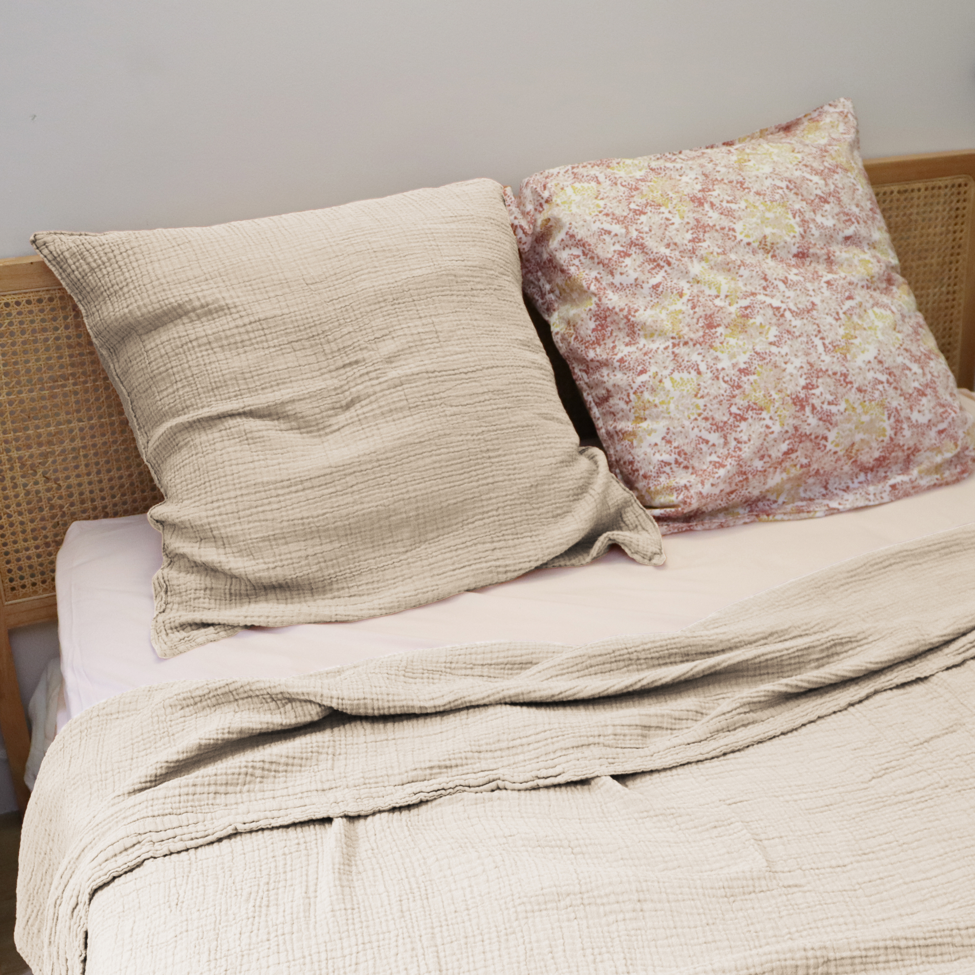 Drap plat en gaze de coton, SIMPLEMENT GAUFRÉ, BLANC CERISE