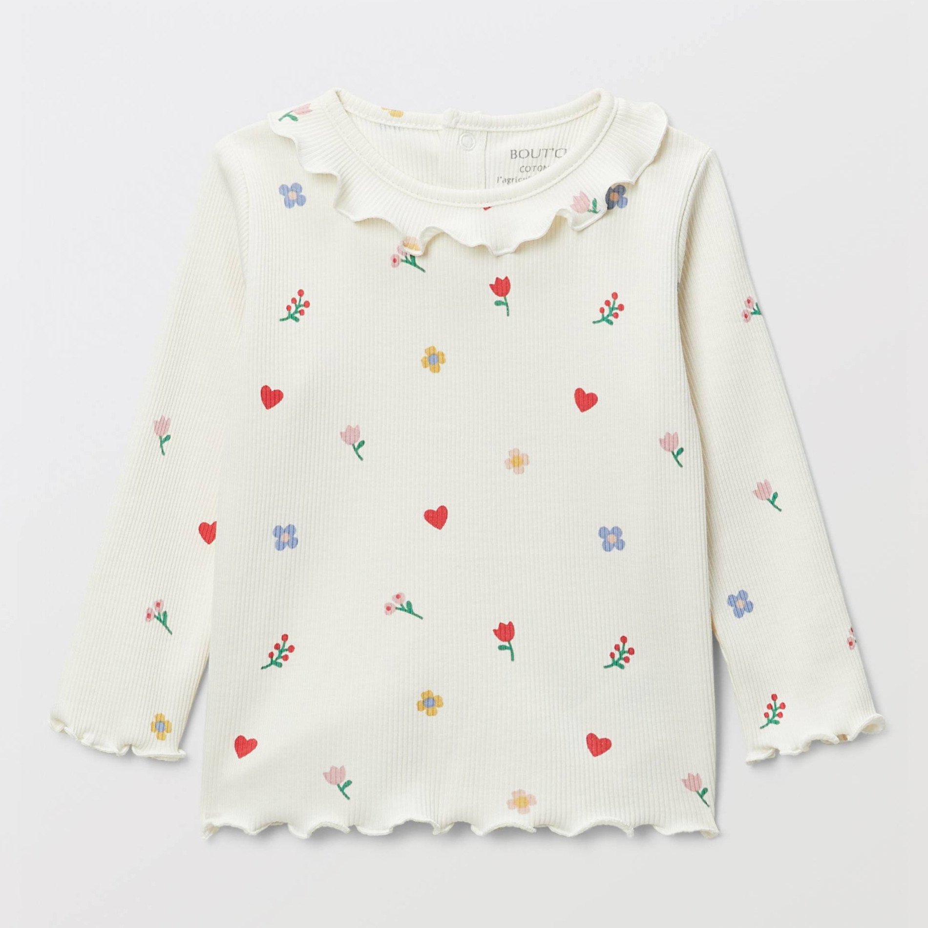 T-shirt à col fantaisie manches longues imprimé en coton BIO GOTS, BOUT'CHOU