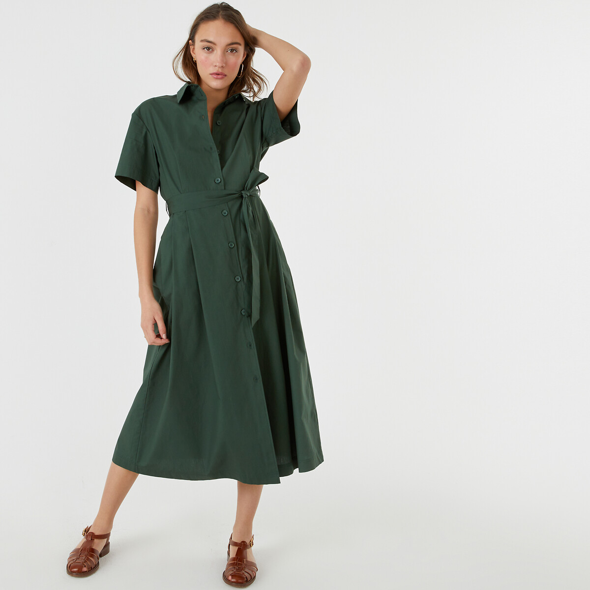 Cotton midaxi shirt dress with tie-waist La Redoute Collections | La ...