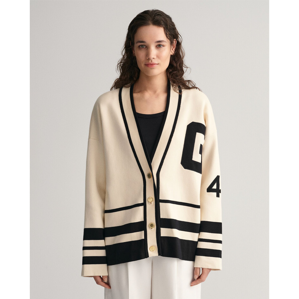 Cotton Oversized Varsity Cardigan with V-Neck and Button Fastening