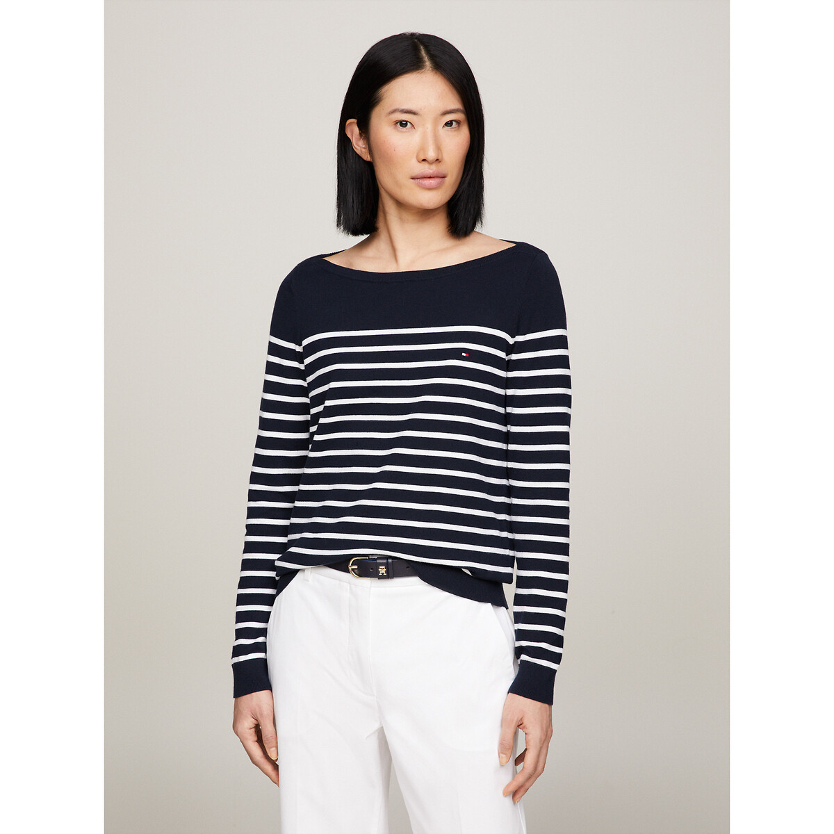 Breton Striped Jumper in Cotton Mix with Boat Neck