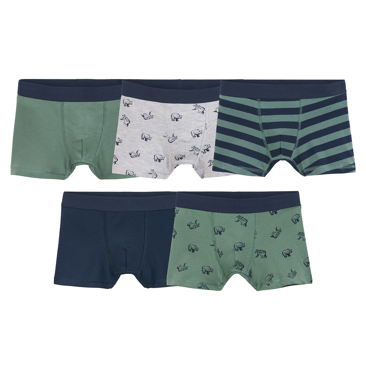 Lot de 5 boxers en coton, imprimés ours et rayures, LA REDOUTE COLLECTIONS