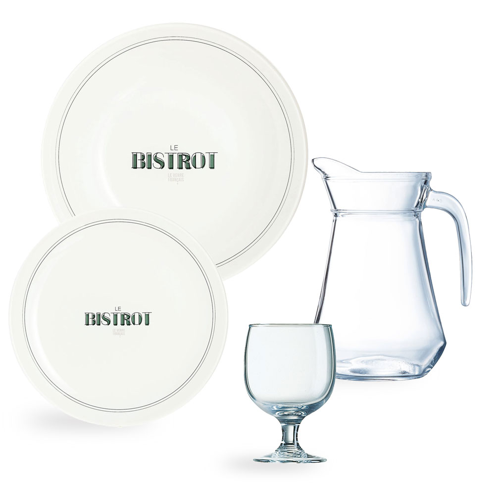 Service de table 19 pièces avec 12 assiettes, 6 verres et 1 carafe 1L, LUMINARC