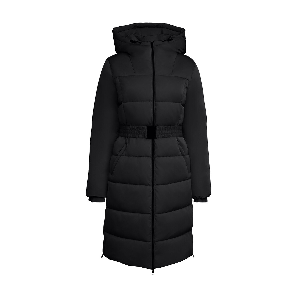 Long Belted Padded Jacket with Hood