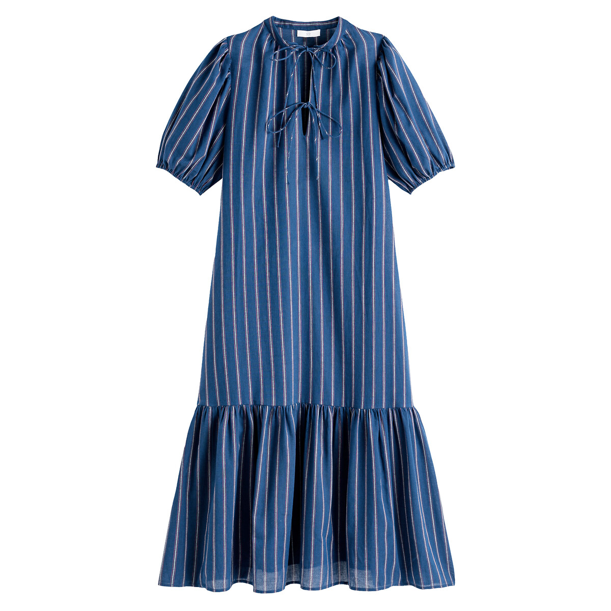Vestido evasé comprido, às riscas