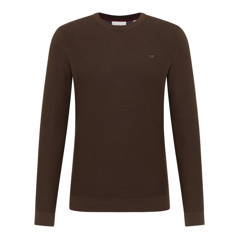 Pull en coton chocolat uni avec une coupe droite et un col rond, MUSTANG