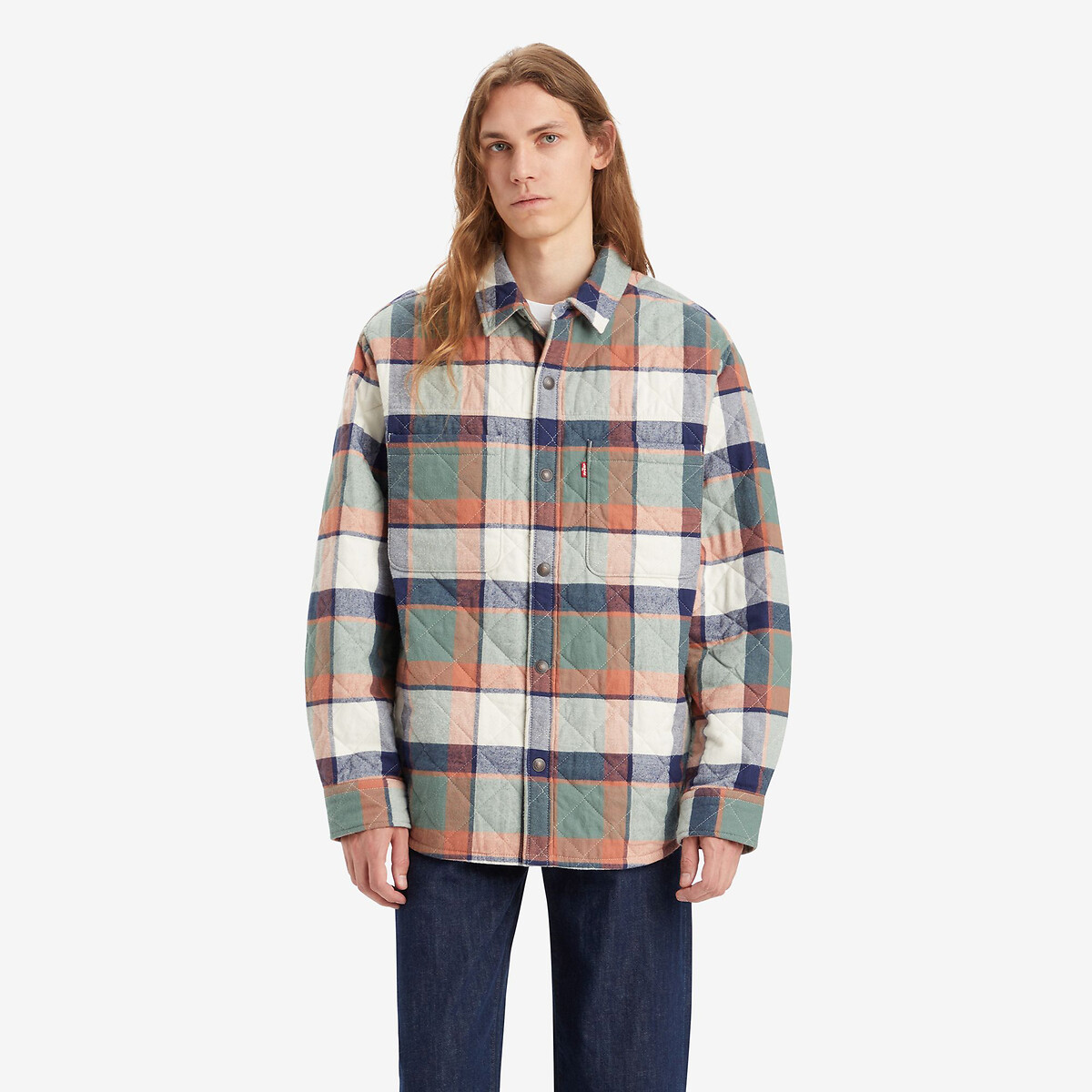 Image of Checked Cotton Long Jacket in Straight Fit