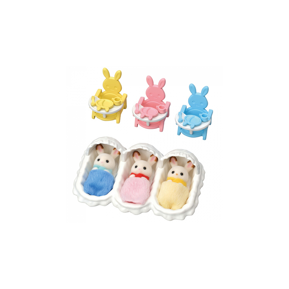 5532  Les triples lapin chocolat et accessoires puericulture, SYLVANIAN FAMILIES