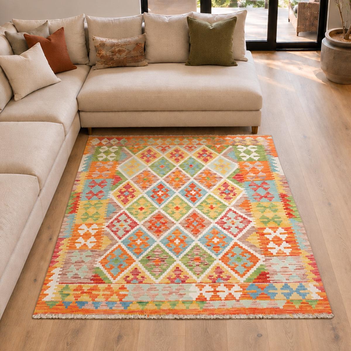 Tapis kilim géométrique, tissé plat en laine, KILIM 46, UN AMOUR DE TAPIS
