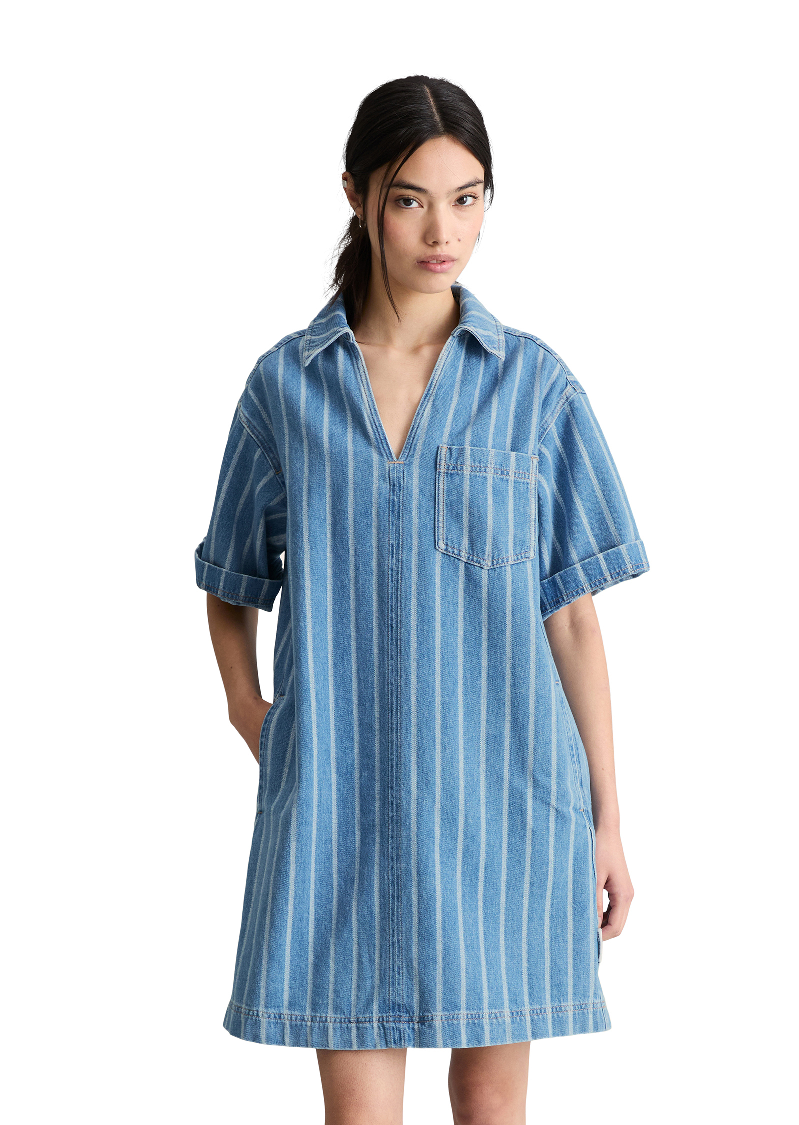 Robe en jean rayée, coupe ample en pur coton organique, MARC O’POLO DENIM