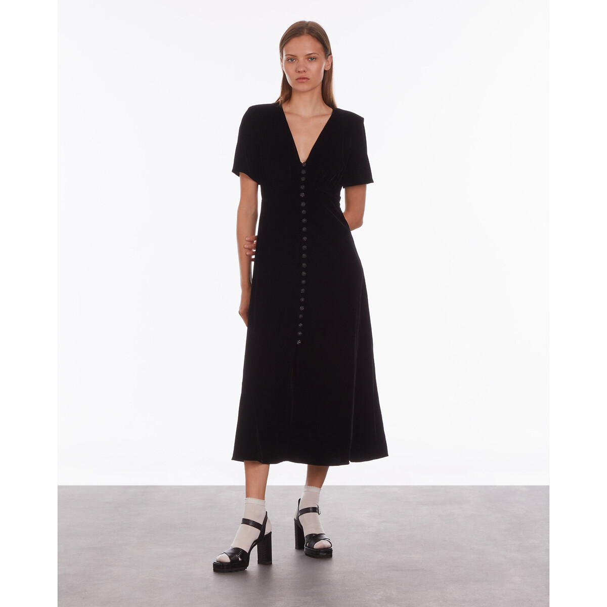 Velour Buttoned Midi Dress with Short Sleeves